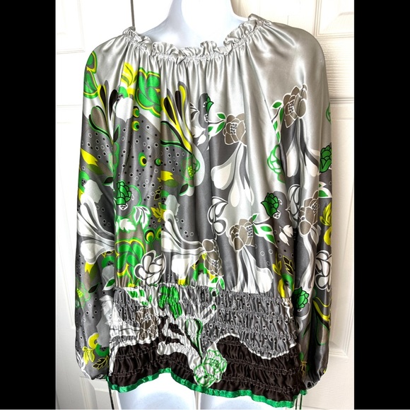 ETCETERA Retro Vibrant Floral Silk Blouse Top Shirt Green Silver Gray Ruffle Tie - Picture 6 of 11